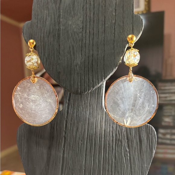 Handmade Beaded Earrings natural Capiz shells with gold and white lampwork beads - Picture 4 of 6